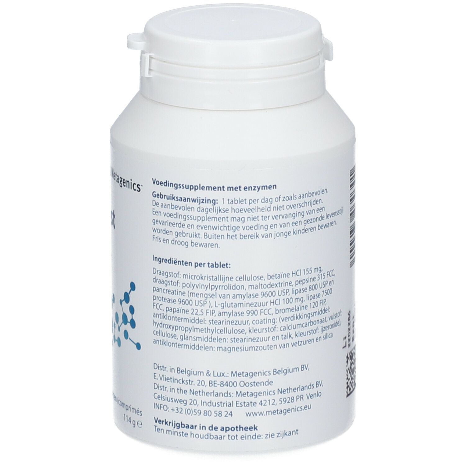 Barattolo bianco Enzygest, alto dosaggio di enzimi, 90 compresse. Marchio Metagenics.