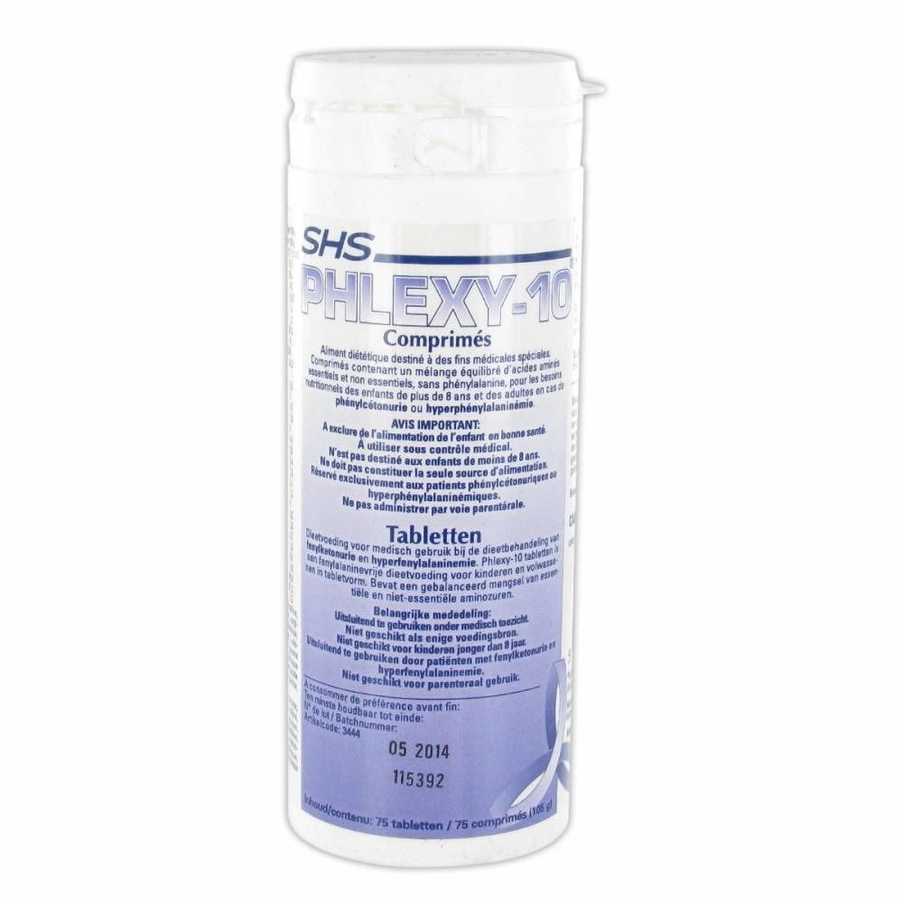 Flacone cilindrico bianco con etichetta blu. Scritta: SHS, PHLEXY-10, Compresse, 75 compresse.