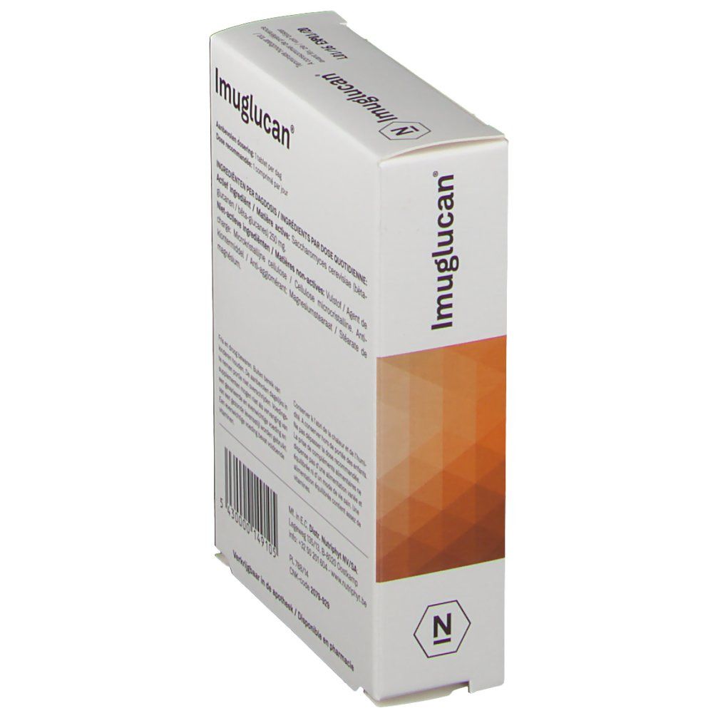 Vista obliqua della confezione di Imuglucan. Scritta: Imuglucan. Retro con testo.