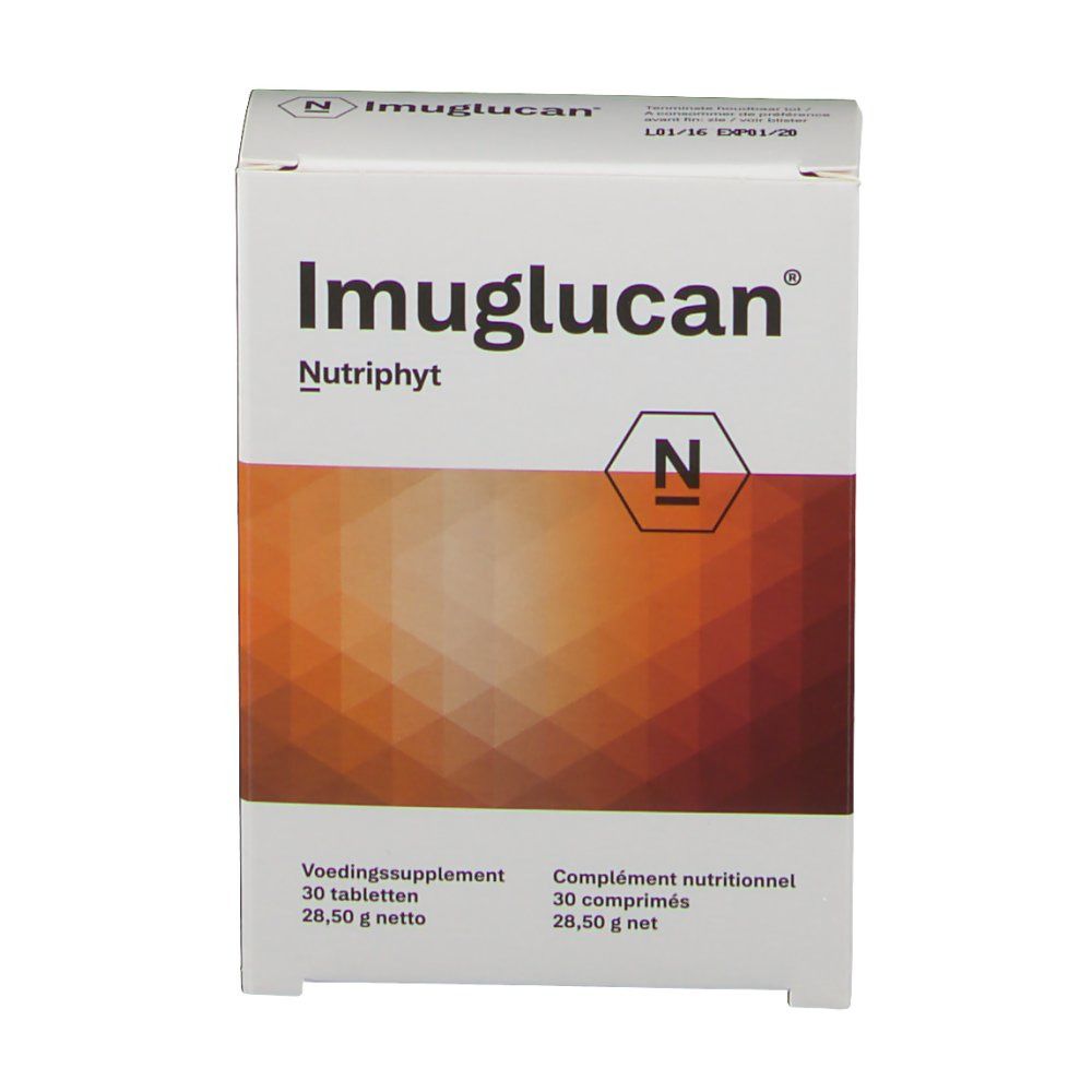 Vista frontale della confezione di Imuglucan. Scritta: Imuglucan, Nutriphyt. Contiene 30 compresse. Sfondo con motivo marrone.