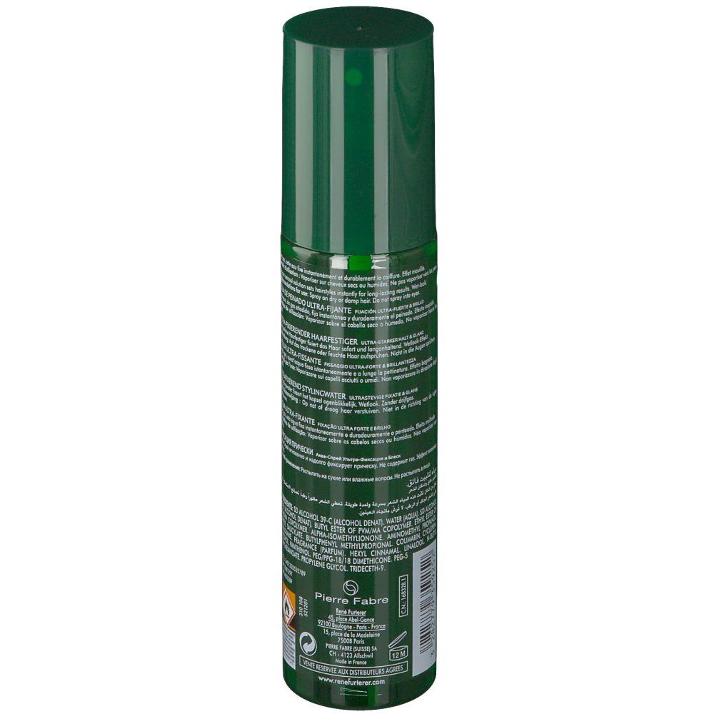 Retro del flacone spray verde. Testo multilingue. Logo: Pierre Fabre. Avvertenza: facilmente infiammabile.