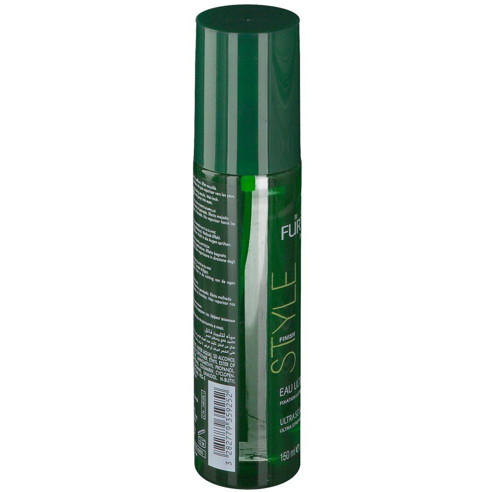 Retro del flacone spray verde. Testo multilingue. Codice a barre. Avvertenza: facilmente infiammabile.