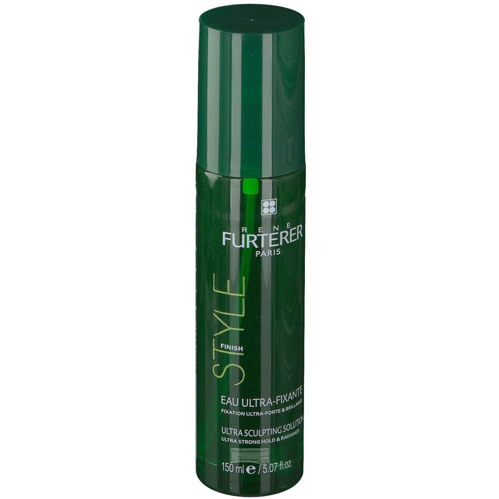 Flacone spray verde. Scritta: STYLE, EAU ULTRA-FIXANTE, ULTRA SCULPTING SOLUTION. Marchio: Rene Furterer Paris.