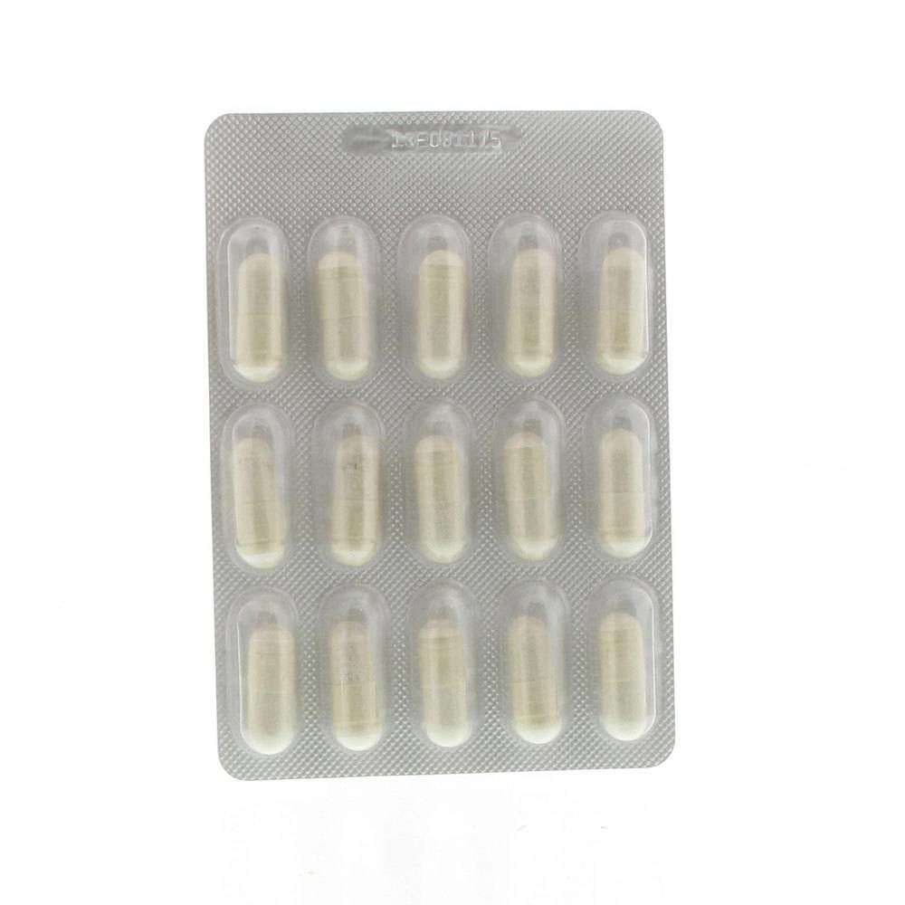 Blister con capsule. 15 capsule trasparenti, disposte in file. Confezione grigia.