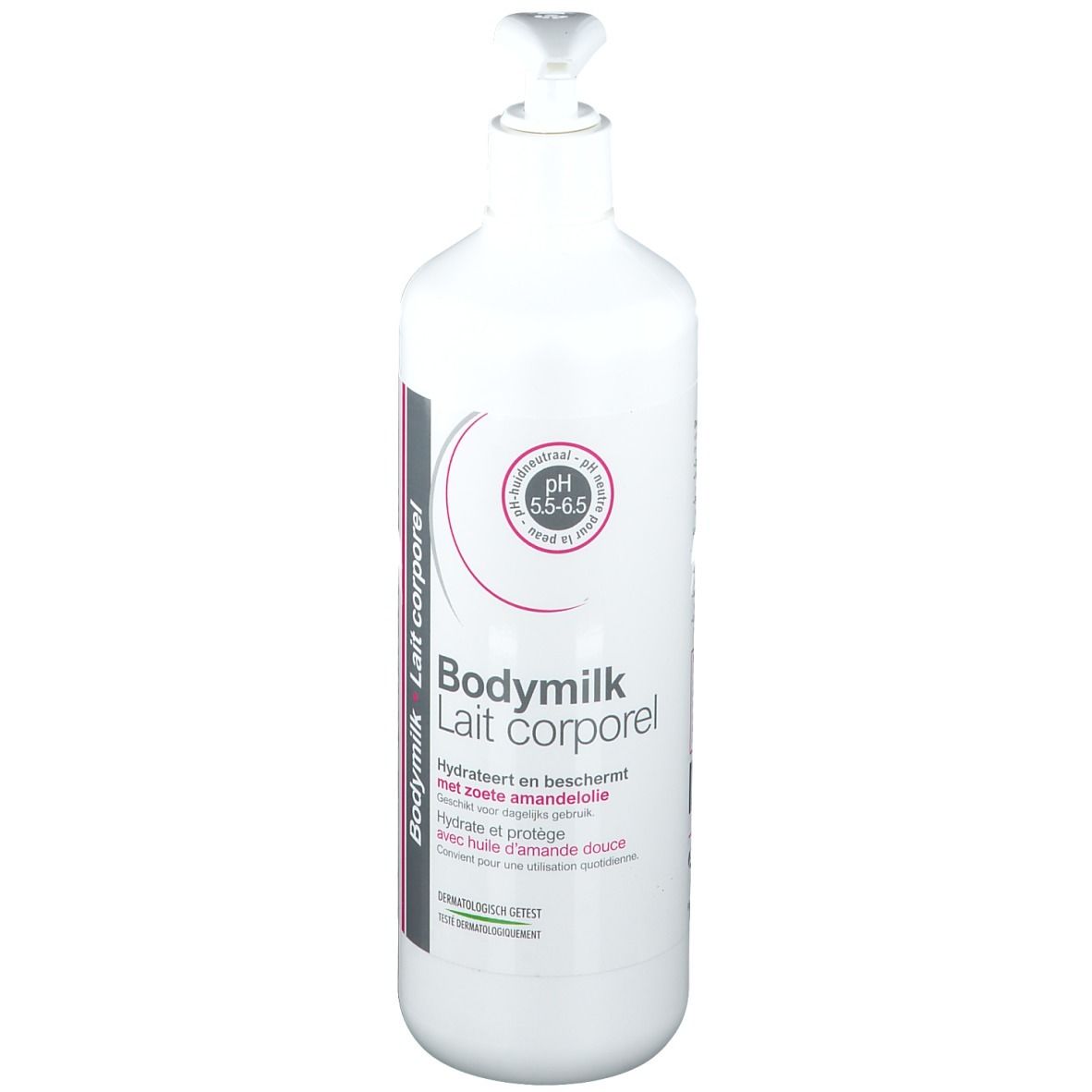 Flacone bianco con dosatore. Scritta: Bodymilk Lait corporel. pH 5.5-6.5. Con olio di mandorle dolci. Testato dermatologicamente.