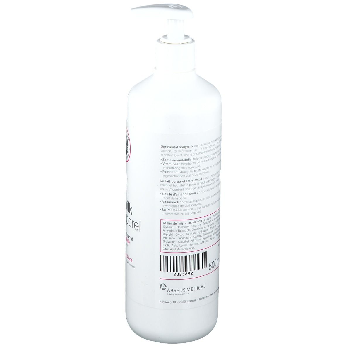Flacone bianco con dosatore. Retro con ingredienti e informazioni produttore. Volume: 500 ml.
