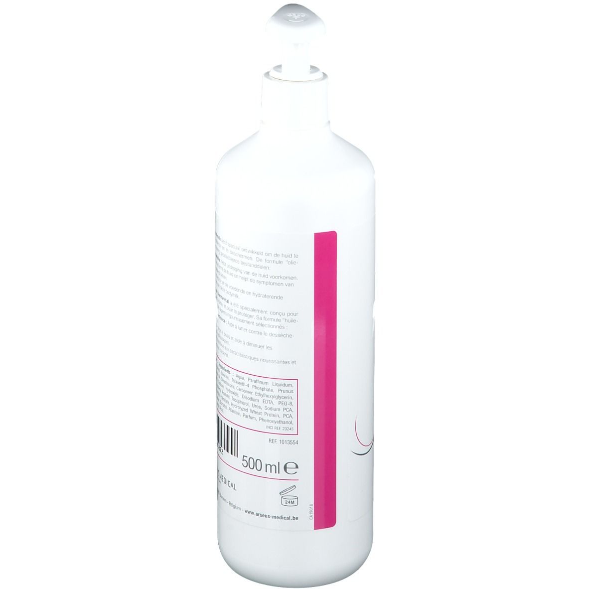 Flacone bianco con dosatore. Retro con ingredienti e informazioni produttore. Volume: 500 ml.