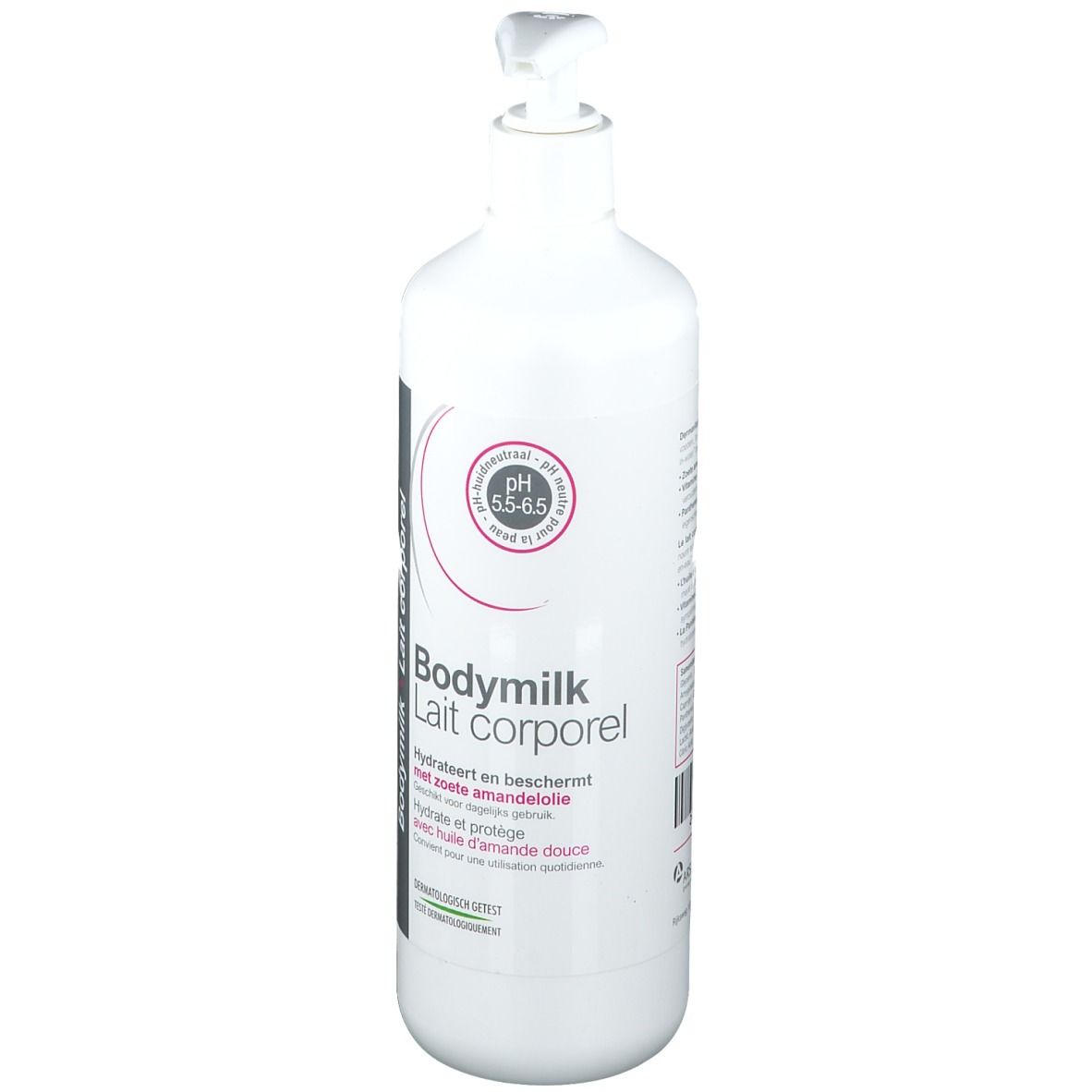 Flacone bianco con dosatore. Scritta: Bodymilk Lait corporel. pH 5.5-6.5. Con olio di mandorle dolci. Testato dermatologicamente.