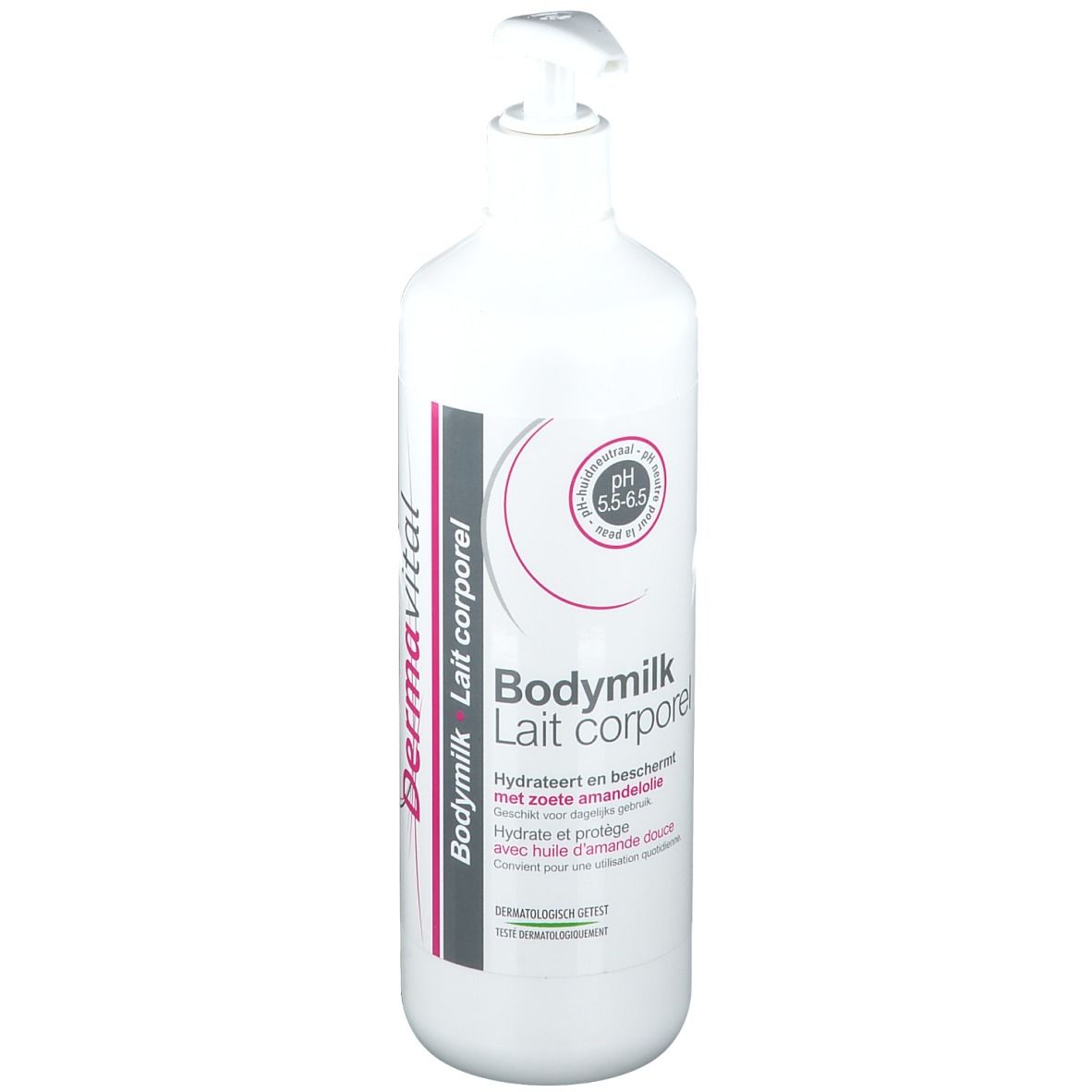 Flacone bianco con dosatore. Scritta: Dermavital Bodymilk Lait corporel. pH 5.5-6.5. Con olio di mandorle dolci. Testato dermatologicamente.