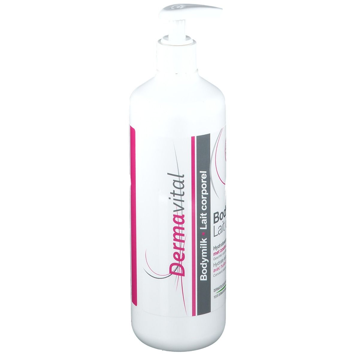 Flacone bianco con dosatore. Scritta: Dermavital Bodymilk Lait corporel. Con olio di mandorle dolci. Testato dermatologicamente.