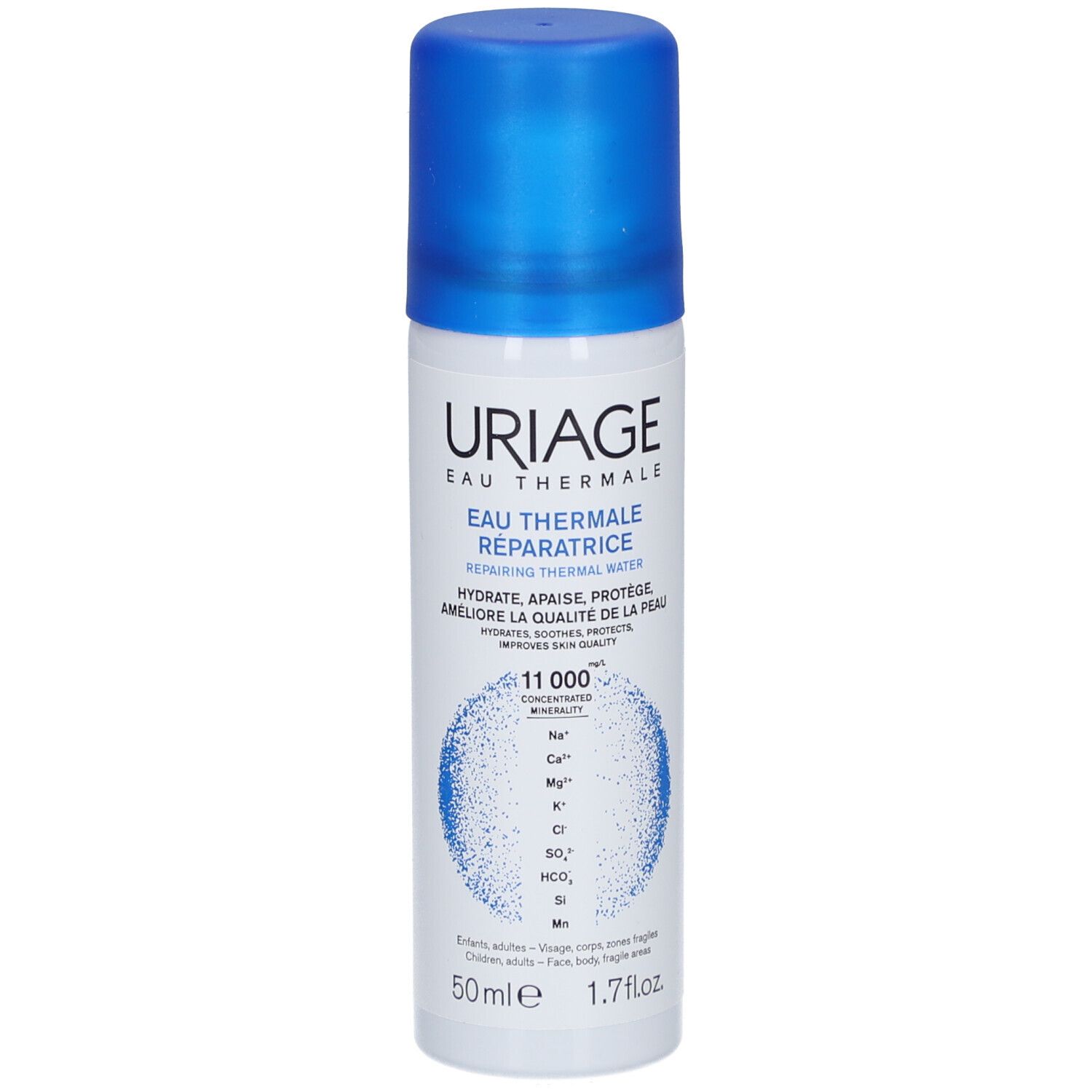 Flacone spray bianco-blu. Scritta: URIAGE Eau Thermale. Testo: Eau Thermale Réparatrice. 50ml, 1.7 fl.oz. Grafica: minerali.