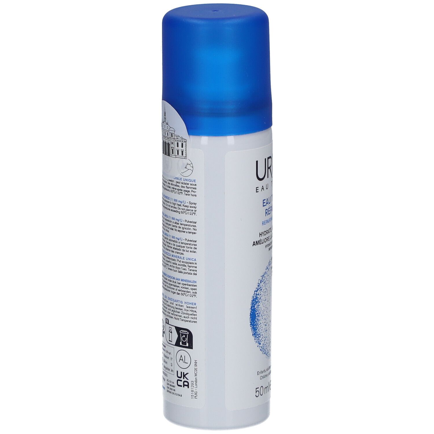 Flacone spray bianco con tappo blu. Scritta e testo. Grafica: edificio. Testo: ingredienti, istruzioni per l'uso, certificazioni.