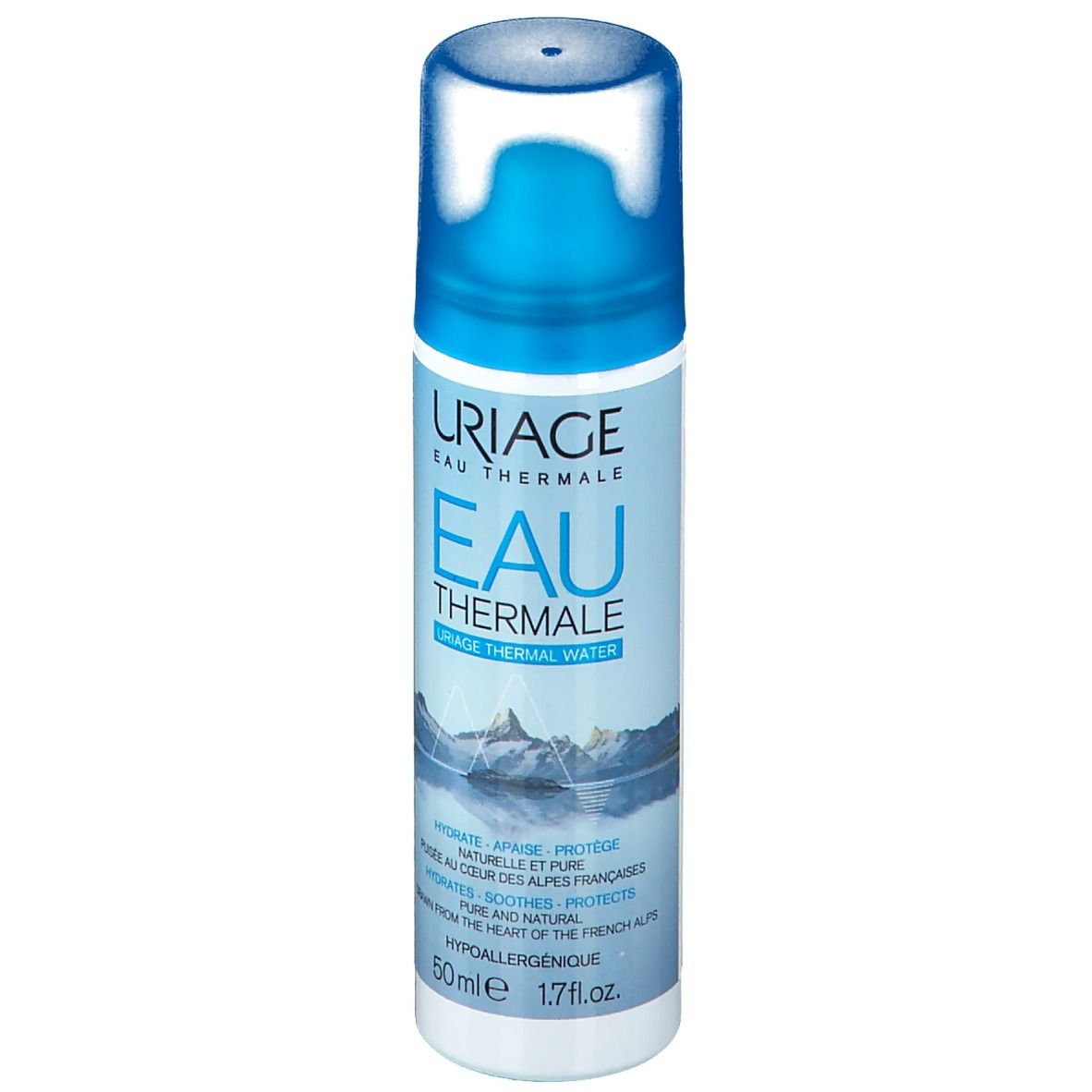 Flacone spray bianco con tappo blu. Scritta: URIAGE Eau Thermale. Testo: Eau Thermale. Grafica: montagne e lago. 50ml, 1.7 fl.oz.