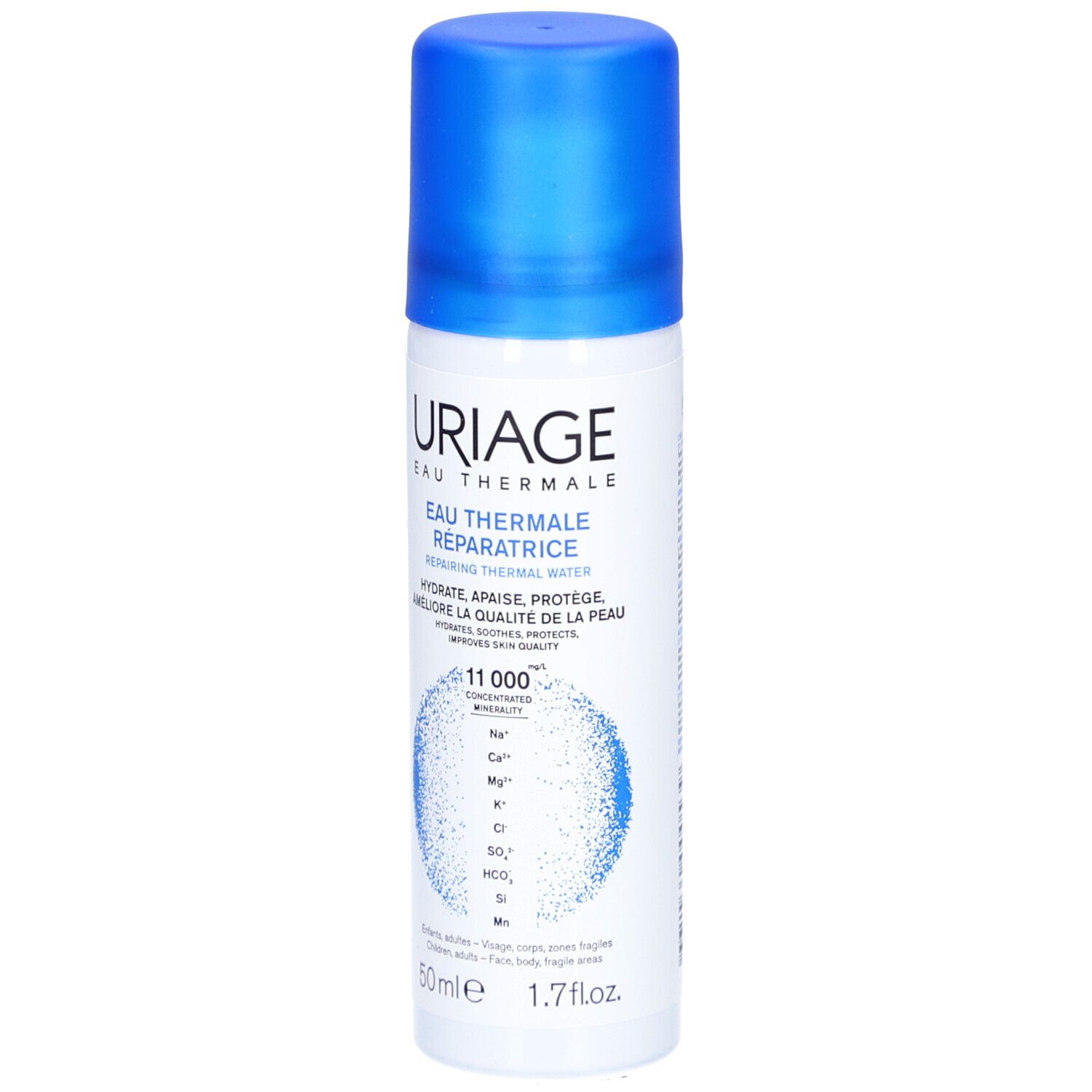 Flacone spray bianco con tappo blu. Scritta: URIAGE Eau Thermale. Testo: Eau Thermale Réparatrice. 50ml, 1.7 fl.oz. Grafica: minerali.
