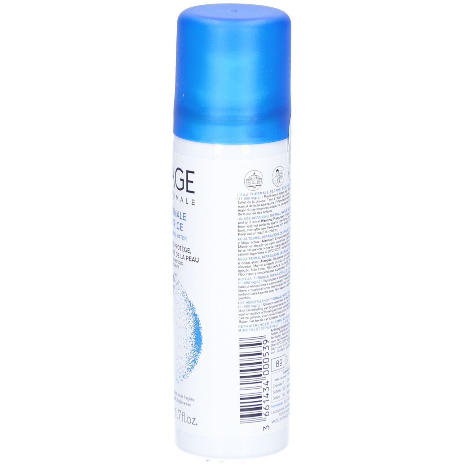 Flacone spray bianco con tappo blu. Scritta e testo. Grafica: minerali. 50ml, 1.7 fl.oz.