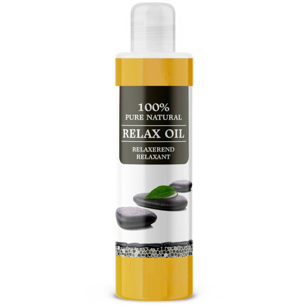 Flacone con etichetta gialla. Scritta: 100% Pure Natural Relax Oil. Immagine di pietre e foglie.