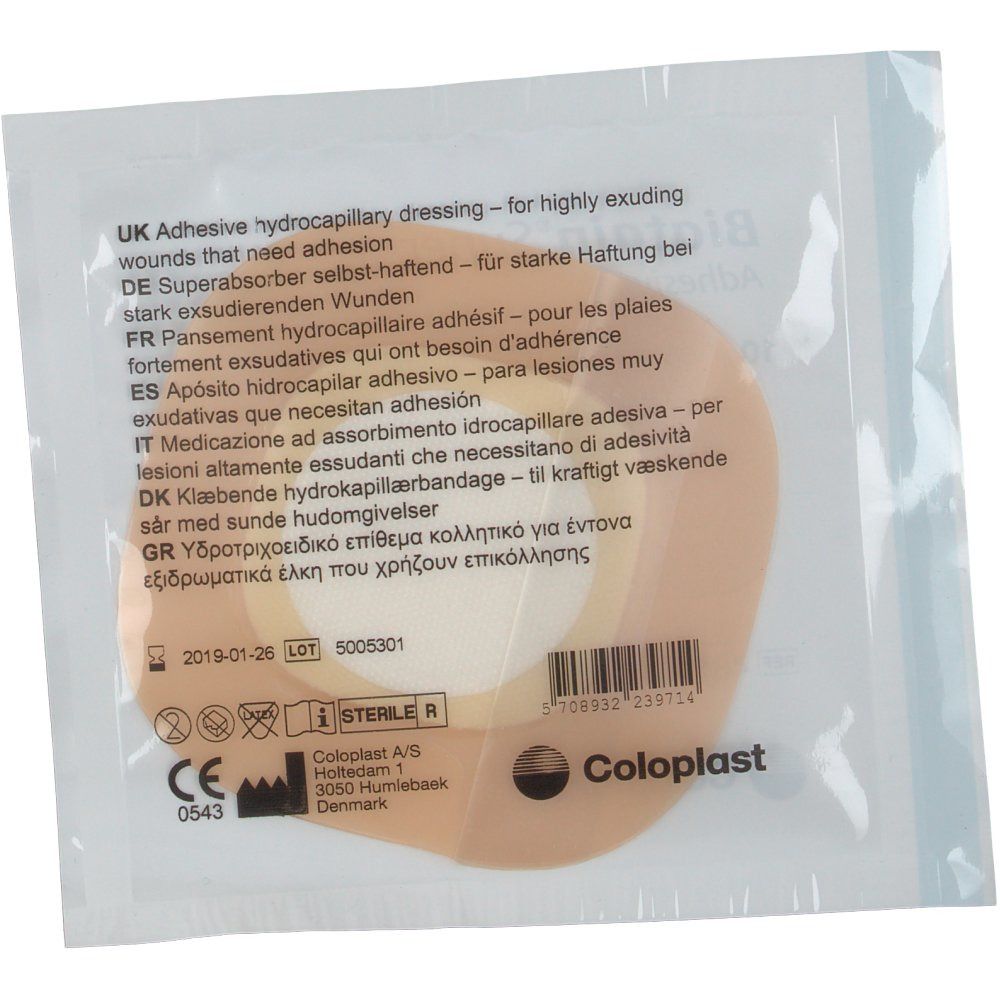 Confezione trasparente con medicazione rotonda Biatain® Super. Informazioni sul prodotto e logo del produttore.