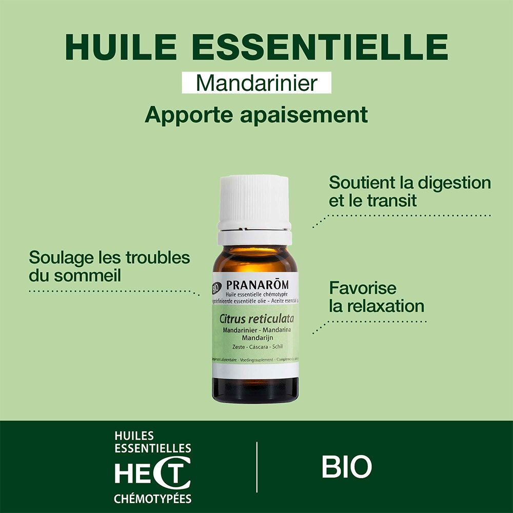 Flacone con testo: Huile Essentielle Mandariner, favorisce il sonno, la digestione, il relax.