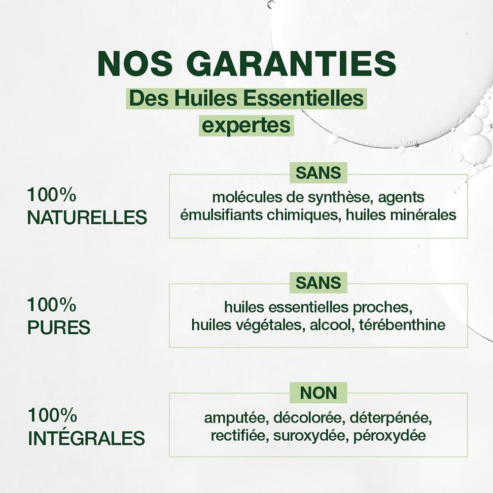 Tabella di testo con garanzie sugli oli essenziali. Testo: 100% naturali, puri e integrali. Senza molecole sintetiche.