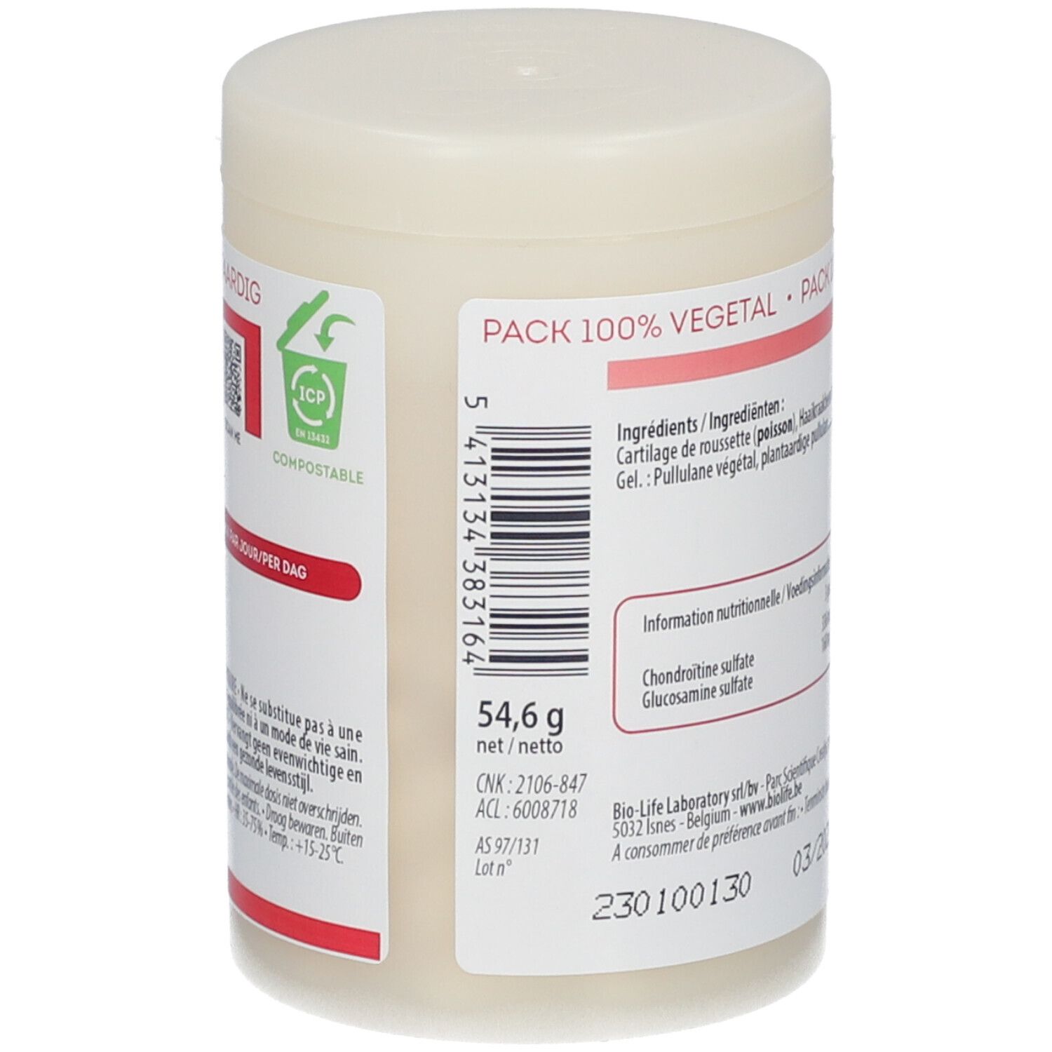 Retro del barattolo con codice a barre e informazioni. Peso netto: 54,6 g. Con logo di compostabilità.