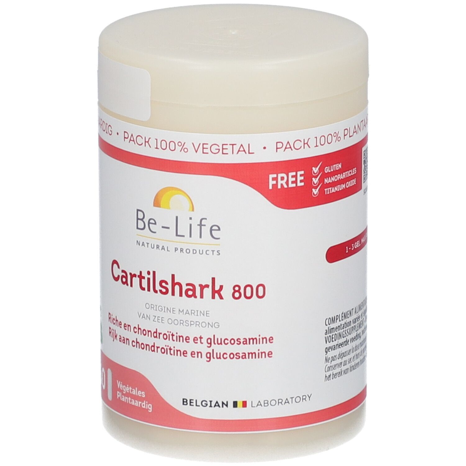Barattolo beige con testo rosso. Scritta: Be-Life Cartilshark 800, 60 capsule. Confezione 100% vegetale.