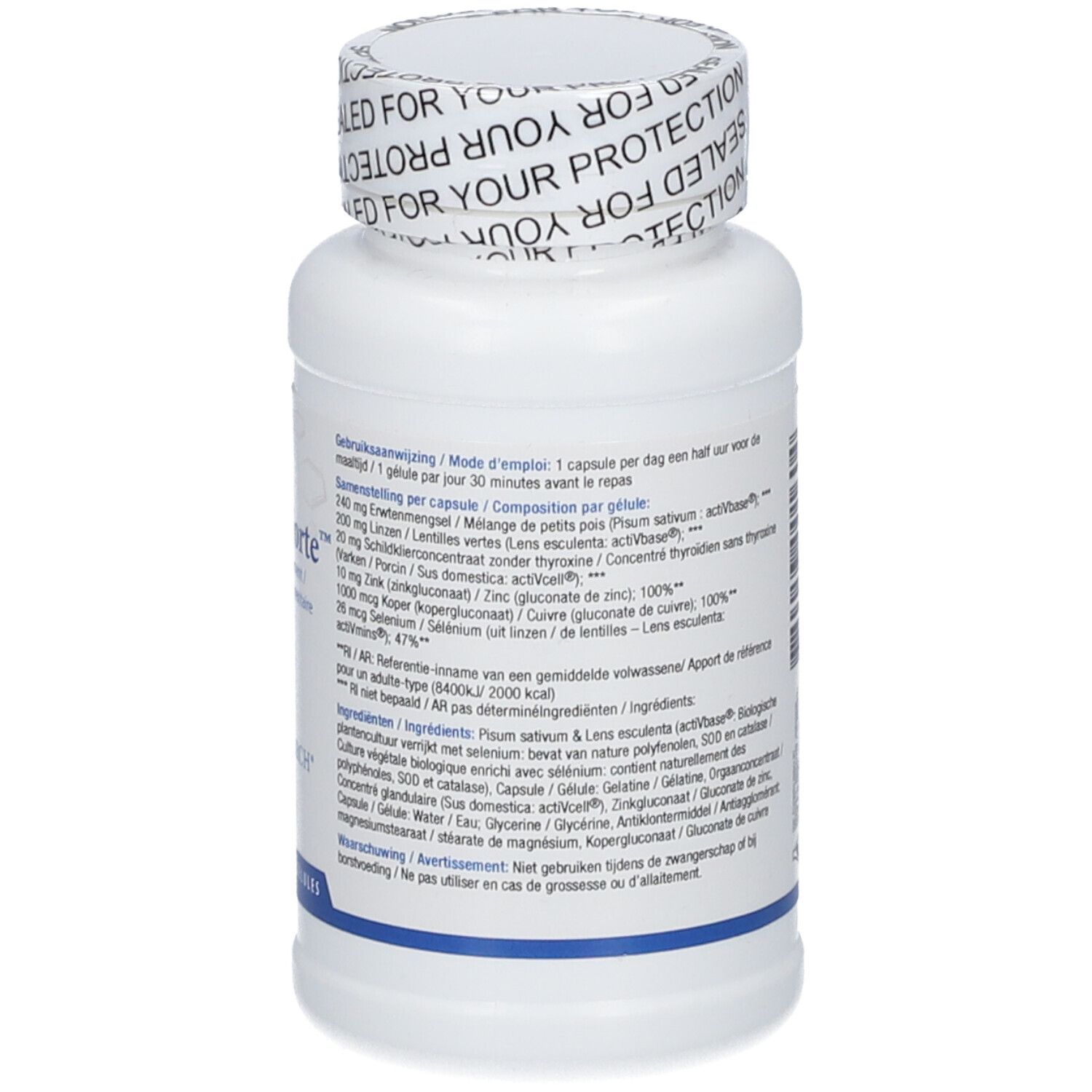 Flacone bianco con capsule. Scritta: GTA-Forte, integratore alimentare. 90 capsule. Logo Biotics Research.