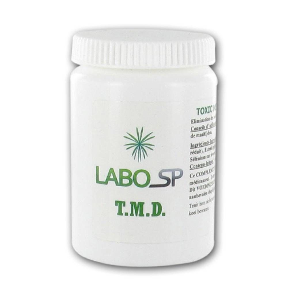 Barattolo bianco con tappo a vite. Scritta LABO SP e T.M.D. in verde. Simbolo del trifoglio. Testo laterale.