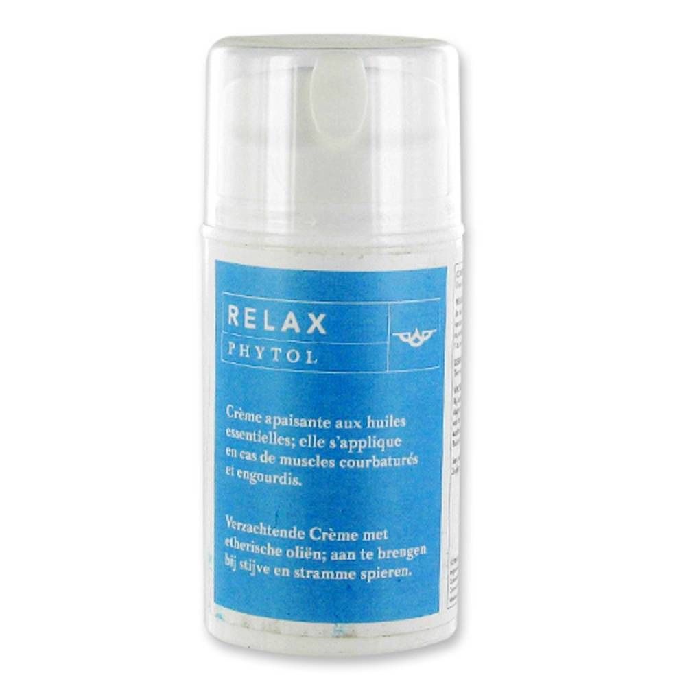 Dispenser bianco con etichetta blu. Scritta: RELAX PHYTOL. Testo in francese e olandese.