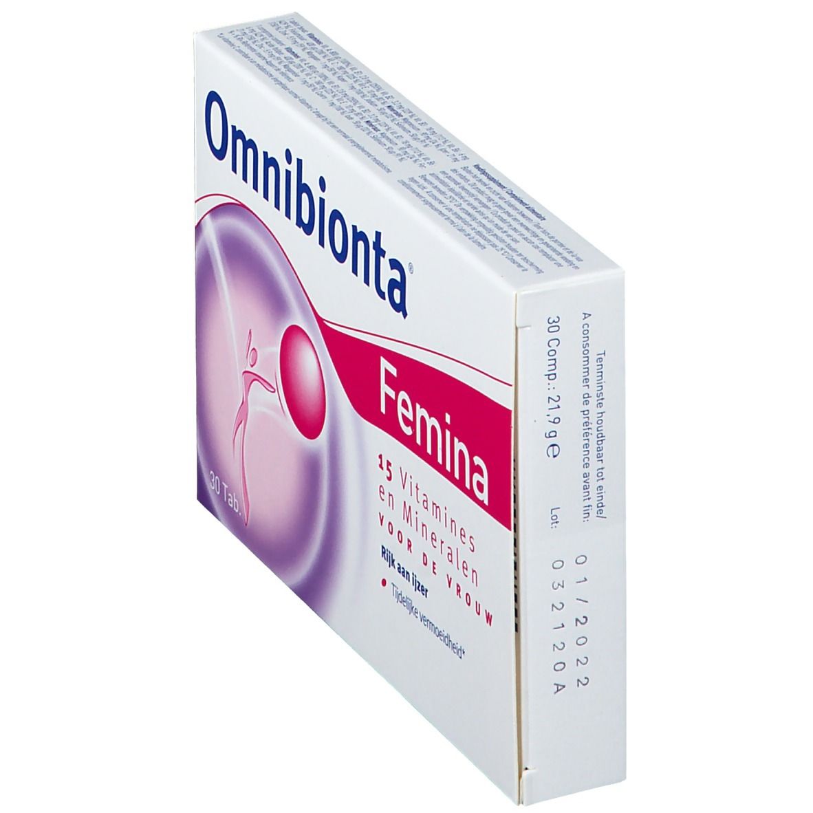 Confezione Omnibionta Femina, in diagonale. Contiene 15 vitamine e minerali. 30 compresse. Scritte: Rijk aan ijzer, Tijdellijke vermoeidheid.