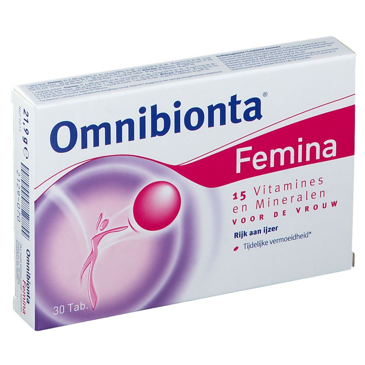 Confezione Omnibionta Femina. Contiene 15 vitamine e minerali. 30 compresse. Scritte: Rijk aan ijzer, Tijdellijke vermoeidheid.