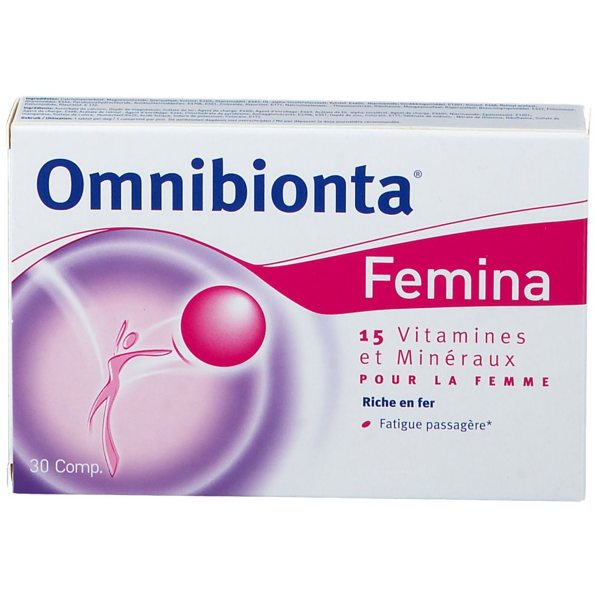 Confezione Omnibionta Femina. Contiene 15 vitamine e minerali. 30 compresse. Scritte: Rijk aan ijzer, Tijdellijke vermoeidheid.