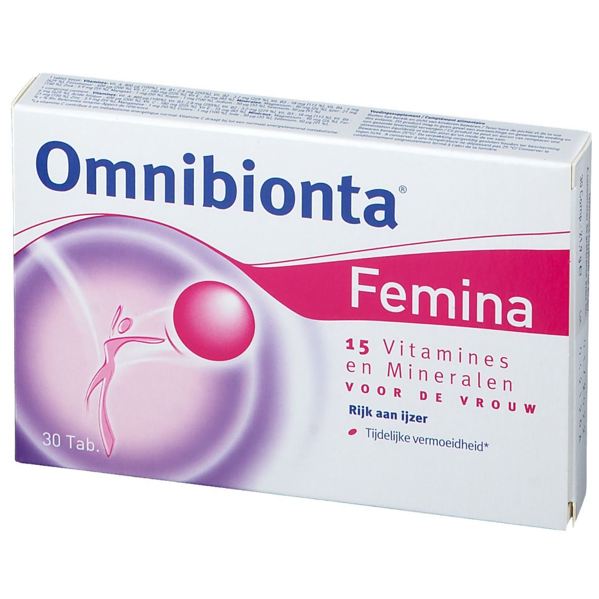 Confezione Omnibionta Femina. Contiene 15 vitamine e minerali. 30 compresse. Scritte: Rijk aan ijzer, Tijdellijke vermoeidheid.