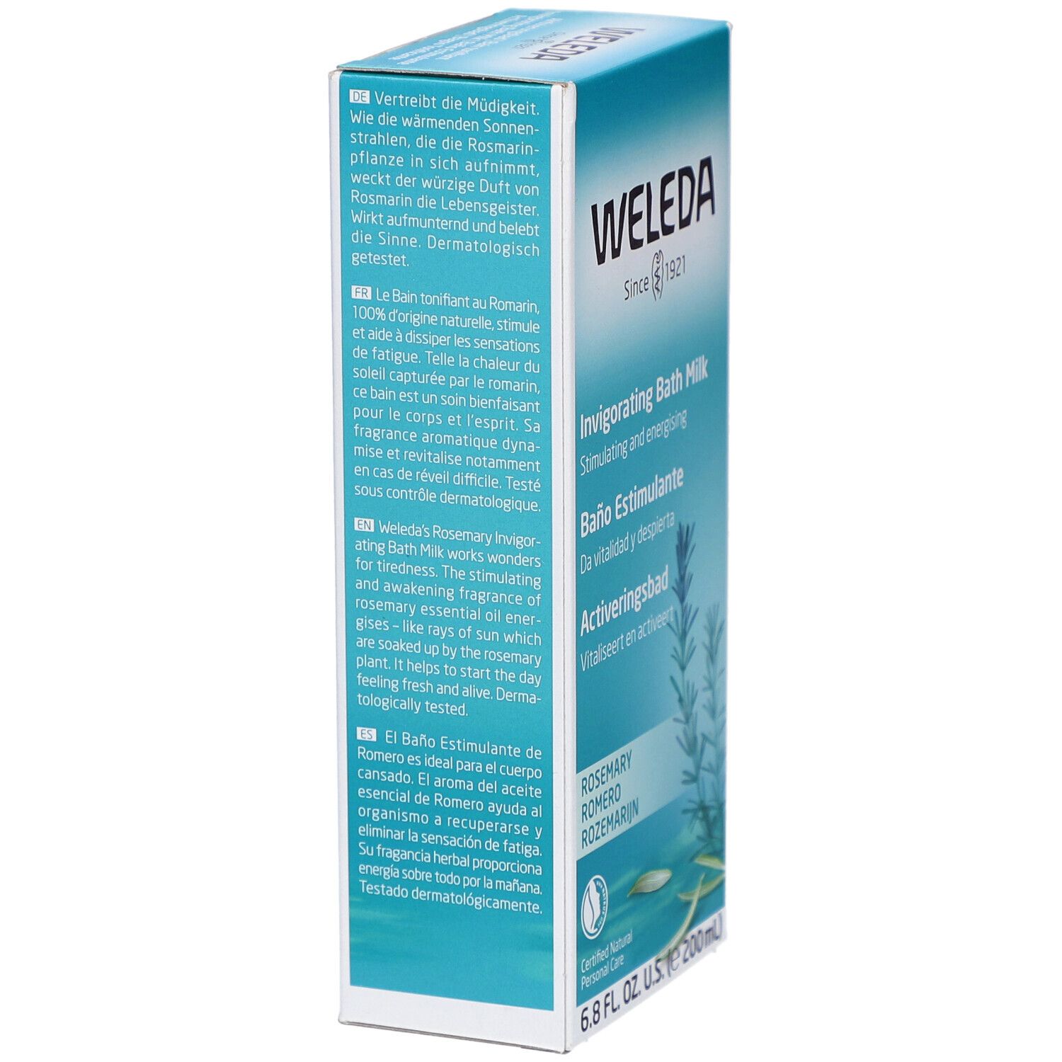 Confezione in cartone. Scritta: WELEDA, Bagno tonificante, Invigorating Bath Milk. Illustrazione rosmarino. Testo multilingue.