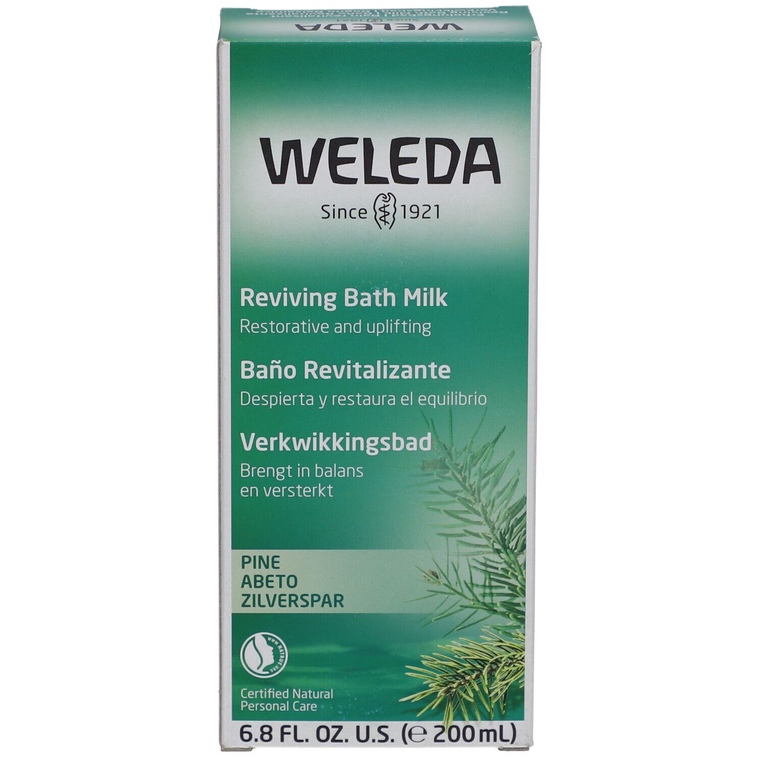 Bottiglia di vetro verde con tappo bianco. Nome del prodotto e logo. Indicazione del volume. Sigillo di certificazione.