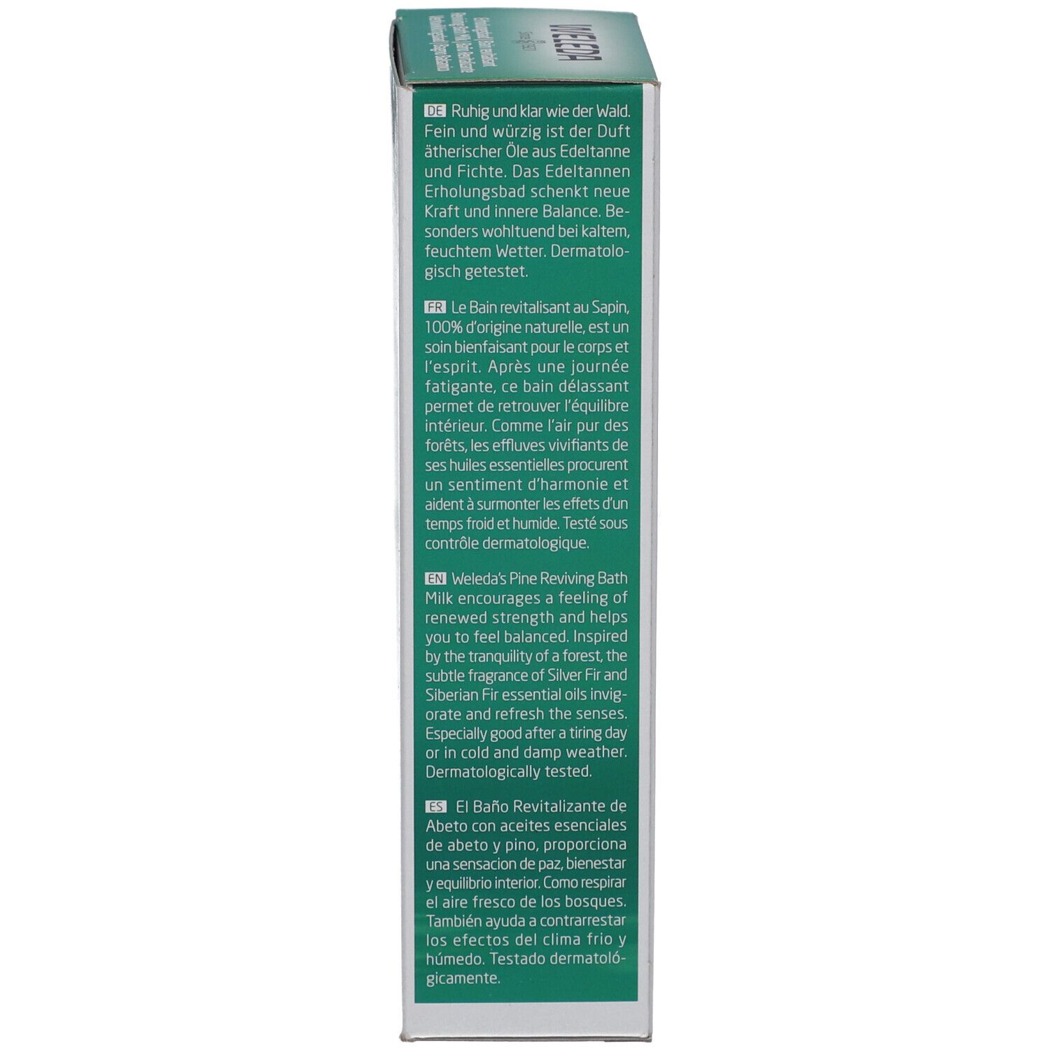 Confezione bianca con design verde. Nome del prodotto e logo. Testo multilingue. Indicazione del volume.