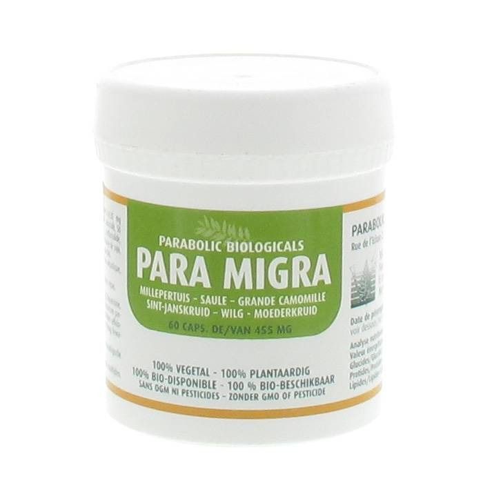 Contenitore cilindrico bianco con etichetta verde. Scritta: PARA MIGRA, 60 capsule. Contiene ingredienti vegetali.
