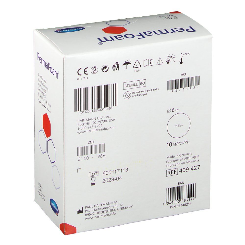 Retro della confezione PermaFoam®. Informazioni su produttore, numero di lotto, scadenza, dimensioni e certificazioni.