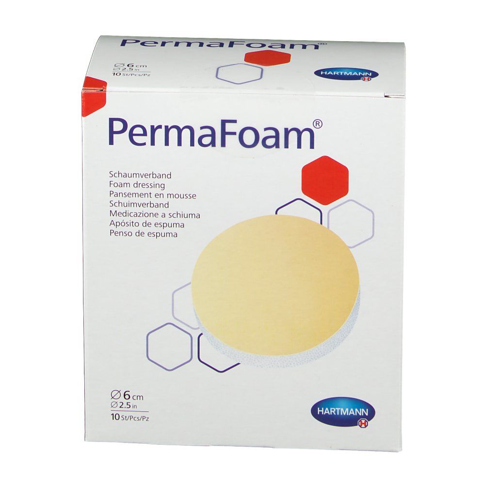 Confezione PermaFoam®. Nome del prodotto, medicazioni rotonde, diametro 6 cm, 10 pezzi. Logo Hartmann.