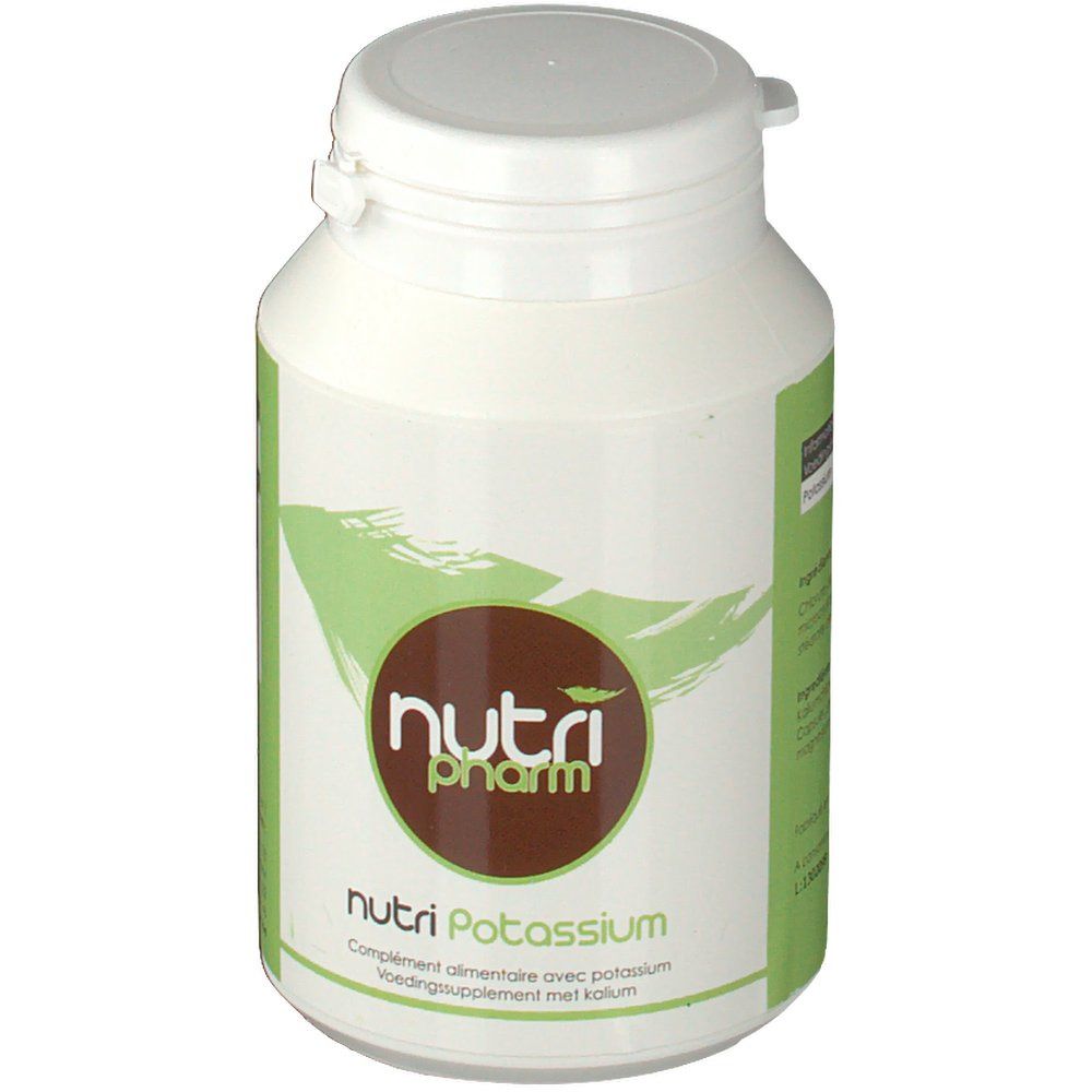 Flacone bianco con etichetta verde. Scritta: Nutri Pharm, Nutri Potassium. Logo marrone.
