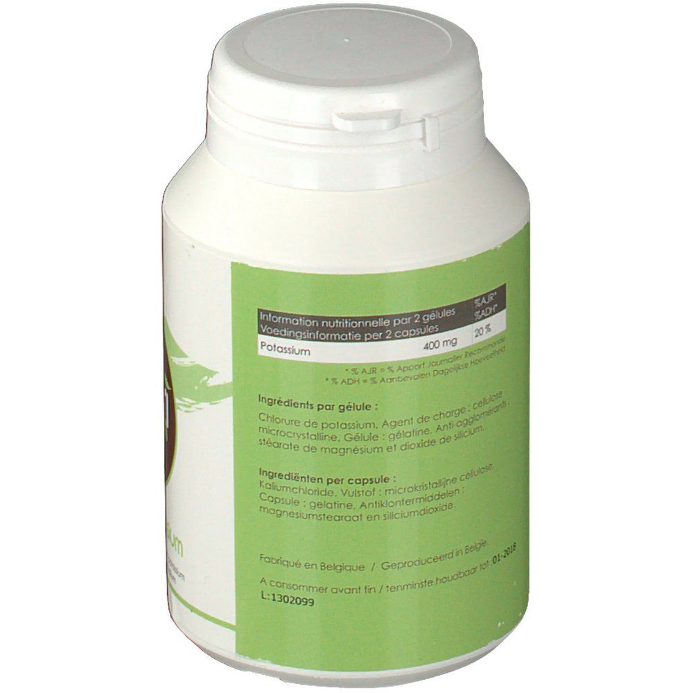 Retro del flacone bianco. Etichetta verde con informazioni nutrizionali e ingredienti. Testo multilingue.