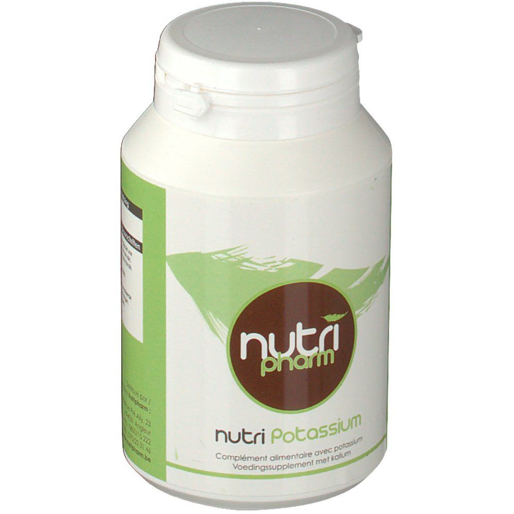 Flacone bianco con etichetta verde. Scritta: Nutri Pharm, Nutri Potassium. Logo marrone.