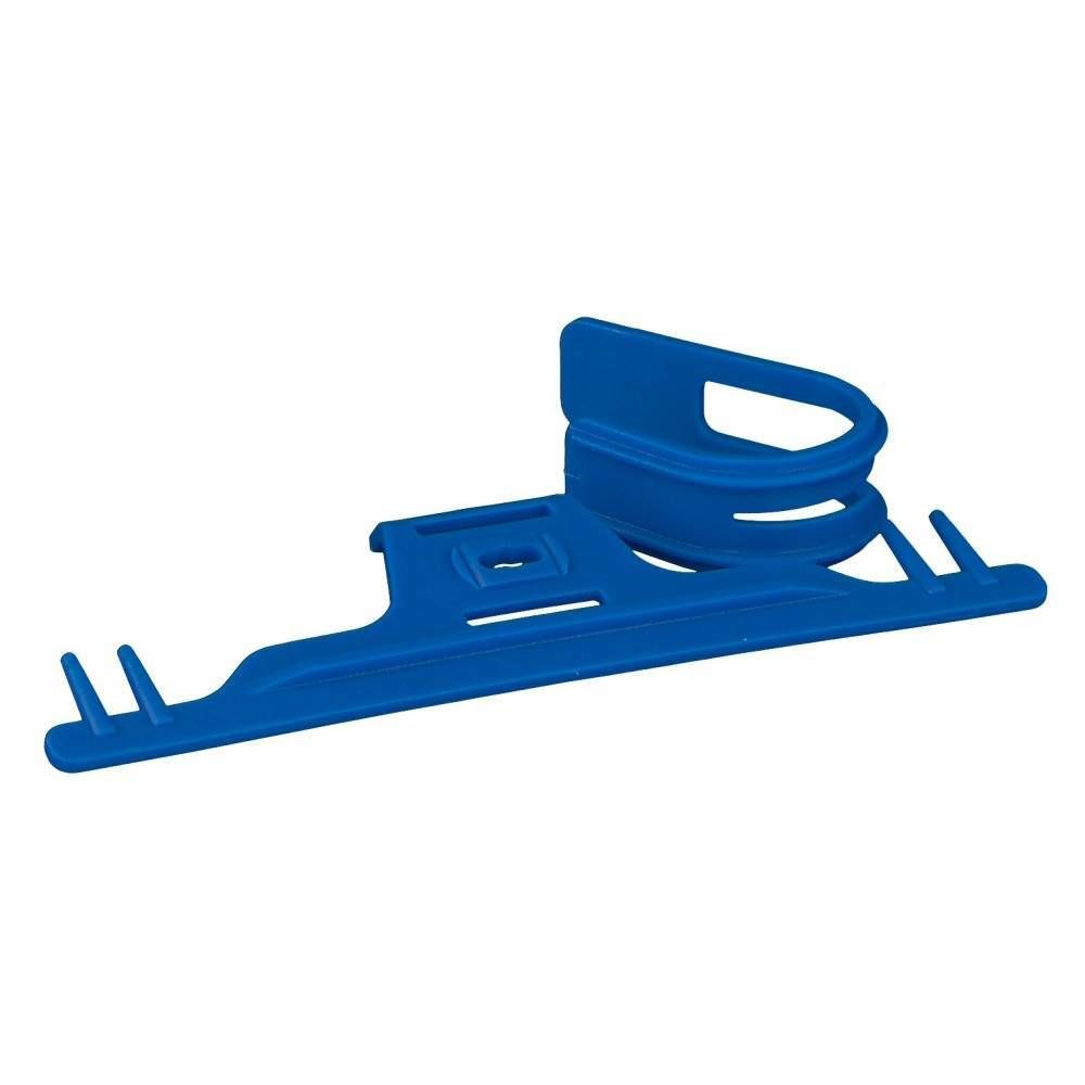 Supporto blu con gancio. Plastica. Per sacca per urina. Con supporto e gancio.