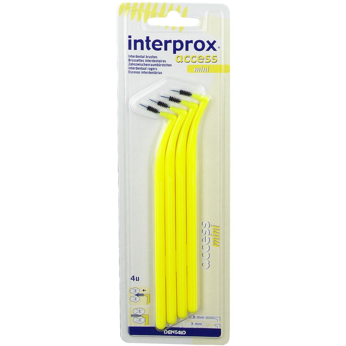 Spazzolini interdentali gialli in blister. Quattro pezzi, curvi, con setole nere. Scritta "access mini".