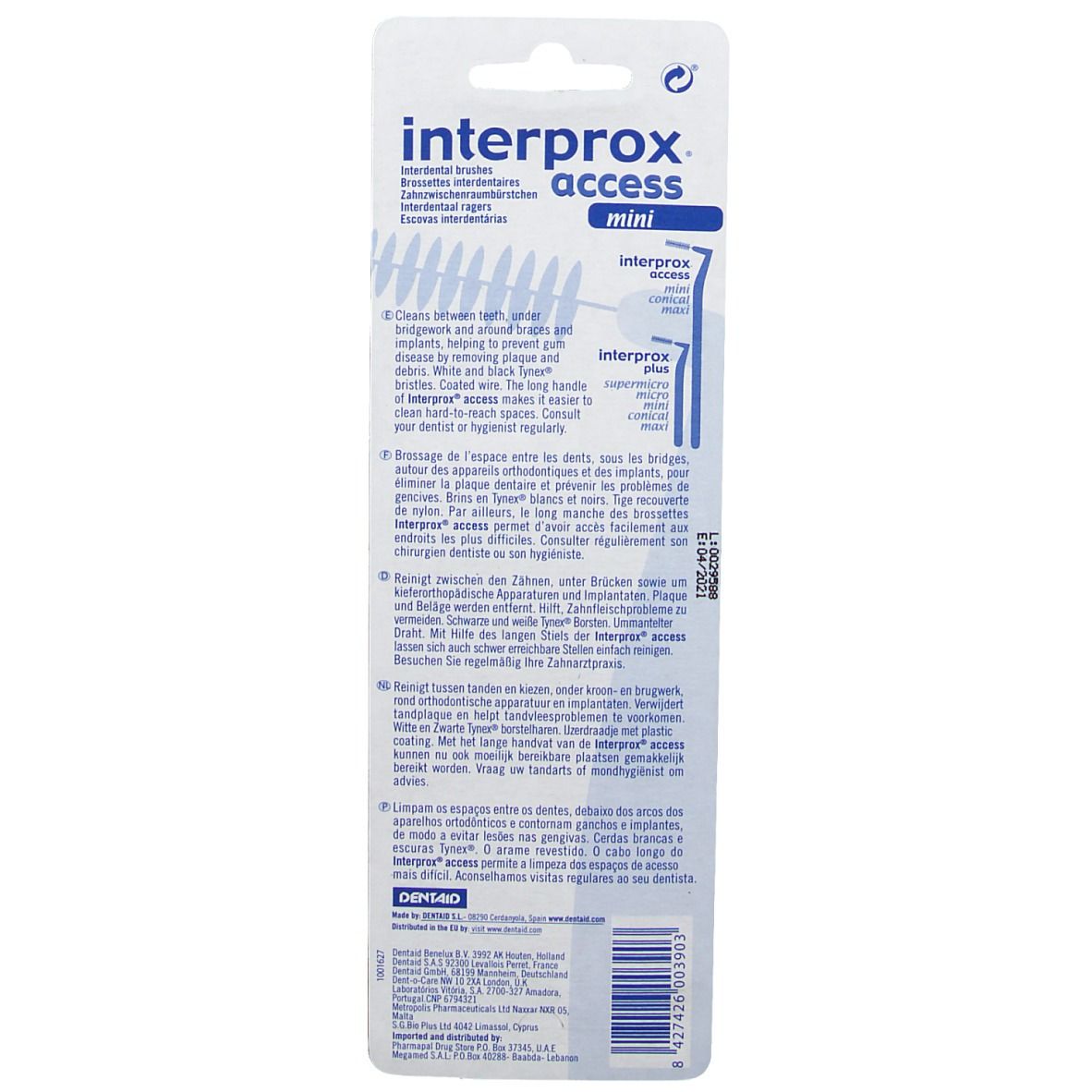 Retro della confezione blister con informazioni sul prodotto. Testo multilingue. Logo "interprox access mini".
