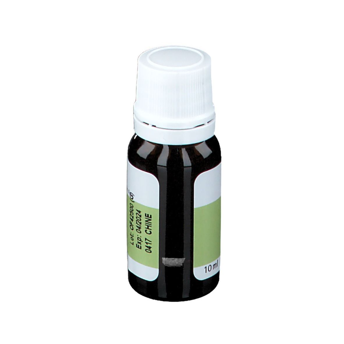 Flacone di vetro marrone con tappo bianco. Etichetta con nome del prodotto e logo PRANAROM. 10 ml.