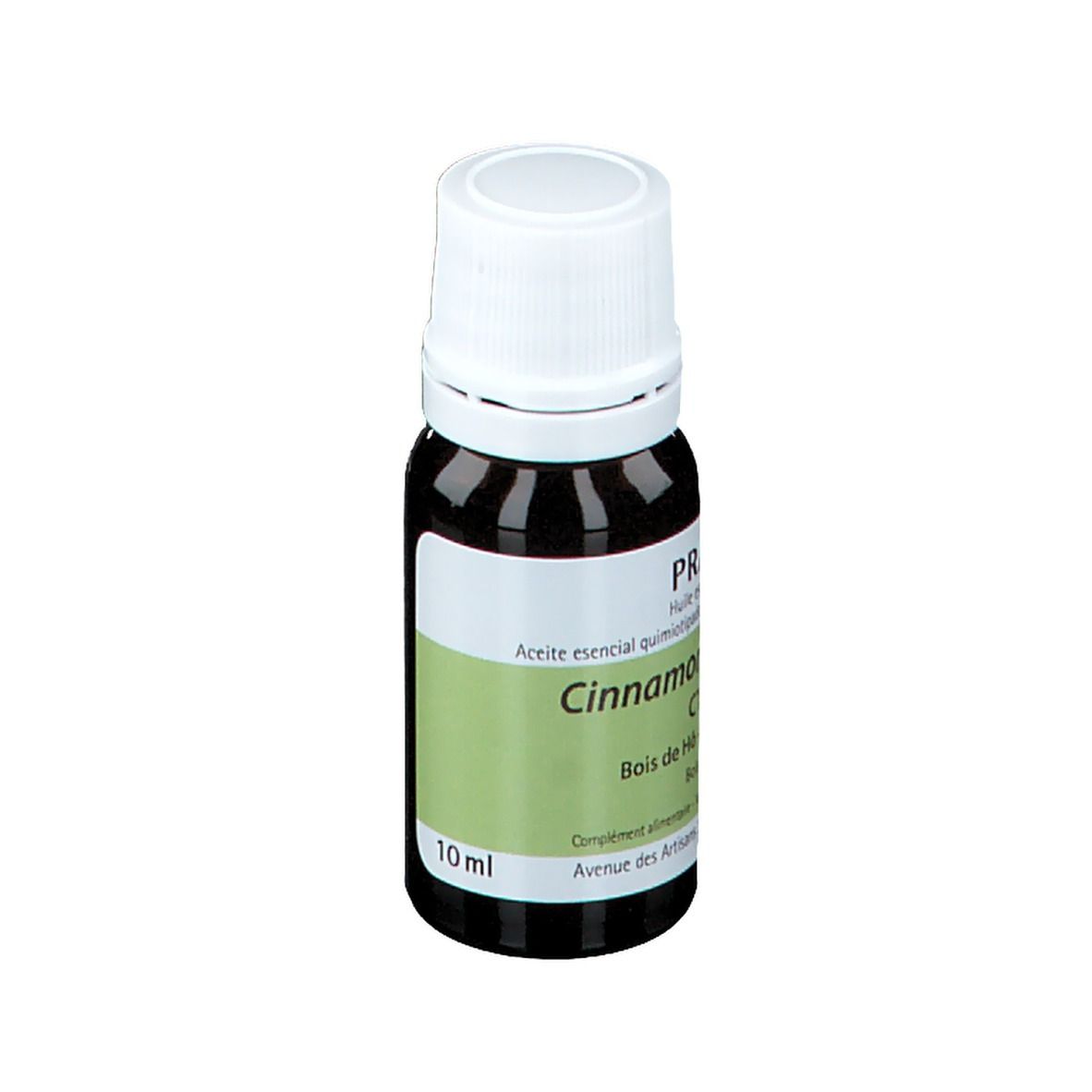 Flacone di vetro marrone con tappo bianco. Etichetta con nome del prodotto e logo PRANAROM. 10 ml.