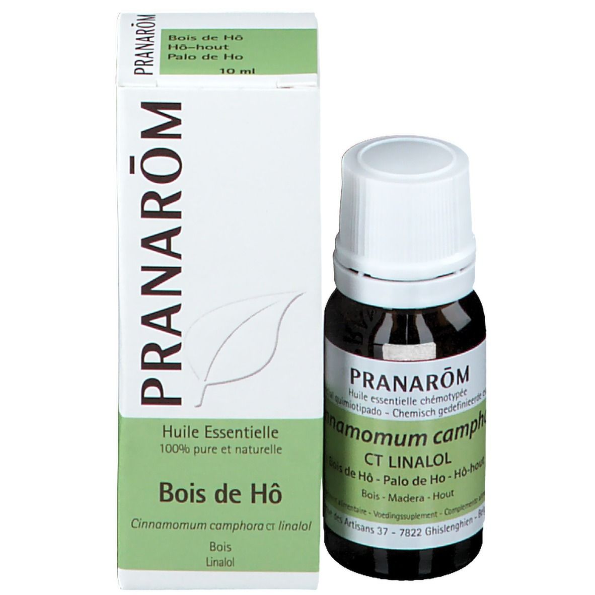 Flacone di vetro marrone e scatola. Logo PRANAROM e nome del prodotto. Flacone con tappo bianco.