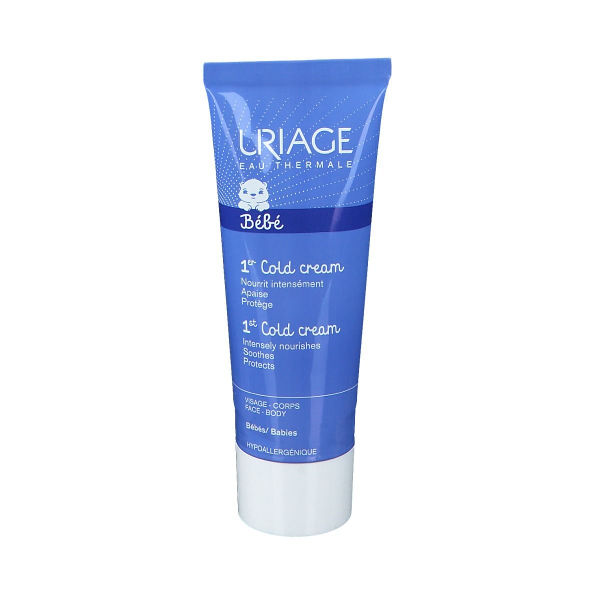 Tubo blu con tappo bianco. Logo URIAGE e indicazione '1st Cold cream' in francese e inglese. Per viso e corpo.