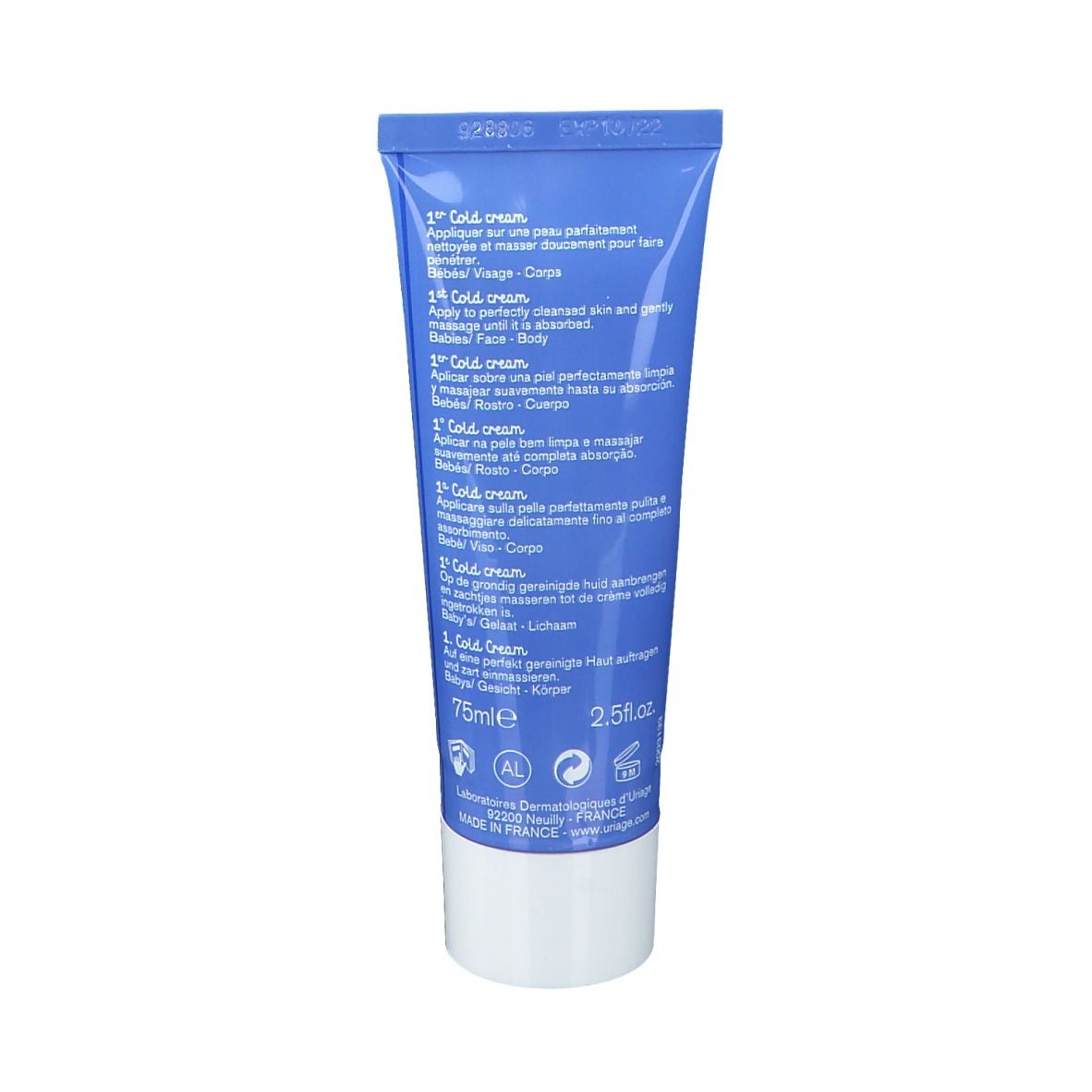Retro del tubo blu. Testo multilingue, tra cui '1st Cold cream'. Contiene informazioni sull'uso e sugli ingredienti.