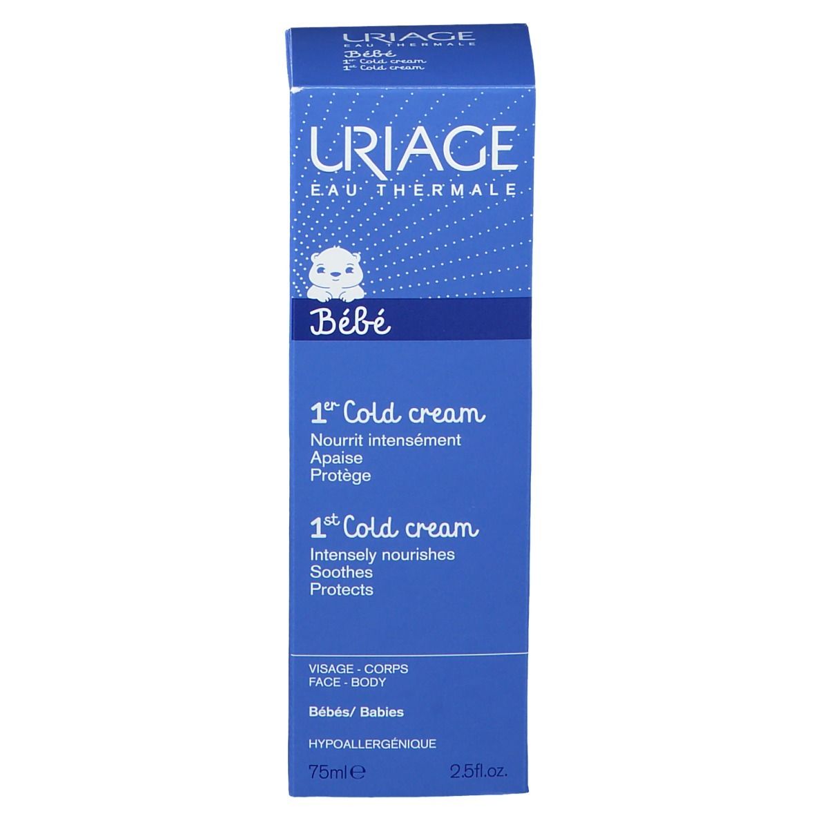 Confezione blu con logo URIAGE e '1st Cold cream'. Testo in francese e inglese. Per bambini.